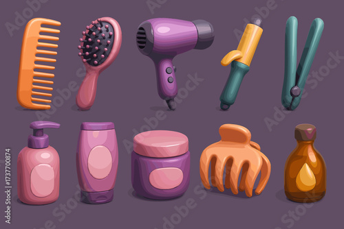 A set of icons in pastel colors (pink, purple, and orange shades) representing hair care tools and products.