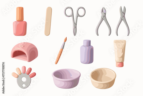 A set of 3D icons in pastel colors (pink, purple, and beige shades) representing nail care tools and products.