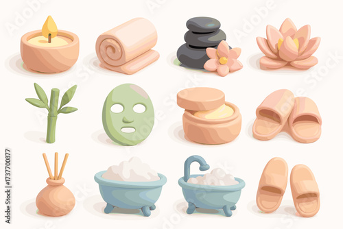 A set of 3D icons in pastel colors (pink, green, and beige shades) representing elements of spa treatments and relaxation.
