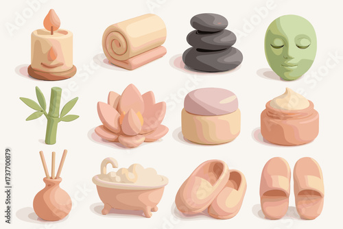 A set of 3D icons in pastel colors (pink, green, and beige shades) representing elements of spa treatments and relaxation.