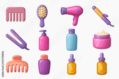 A set of 3D icons representing hair care tools and products.