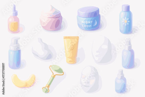 A set of 3D icons representing skin care products and tools.