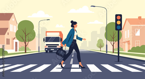 Woman crossing a street at a crosswalk with a traffic light on the side.