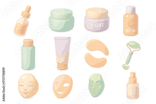 A set of 3D icons representing skin care products and tools.