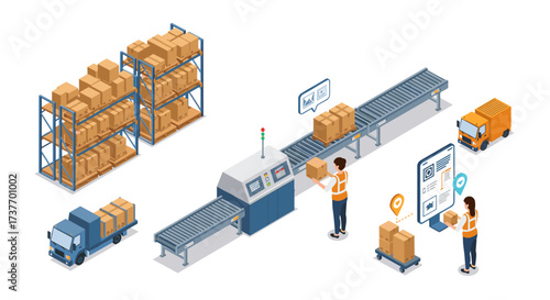 Efficient warehouse logistics with automation and delivery trucks