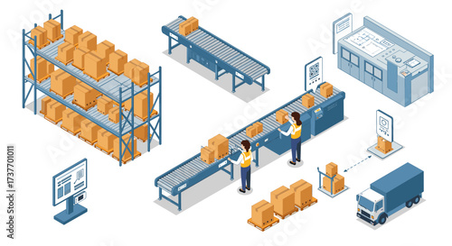 Isometric warehouse automation with conveyor belts and packing stations