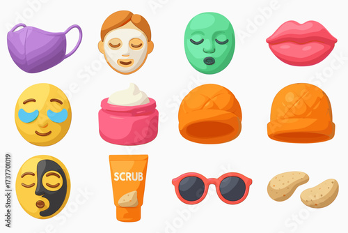 A set of 3D icons representing skin and face care products and accessories, as well as spa treatment elements.
