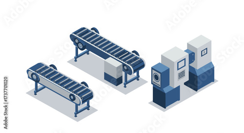 Isometric factory equipment with automated conveyor and control station