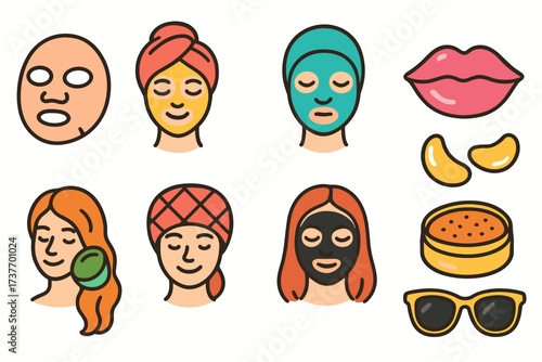 A set of 3D icons representing skin and face care products and accessories, as well as spa treatment elements.