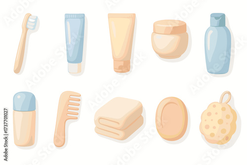 A set of icons related to personal care and hairdressing procedures. Everything is stylized in dark tones with realistic designs on a white background.