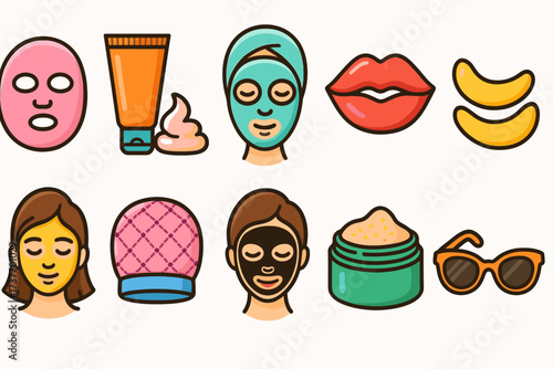 A set of 3D icons representing skin and face care products and accessories.