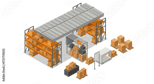 Isometric warehouse interior with shelves and cardboard boxes
