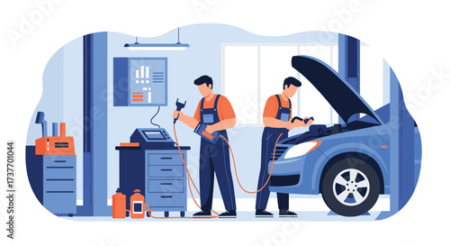 Mechanics perform routine maintenance on a car in a modern auto repair shop.