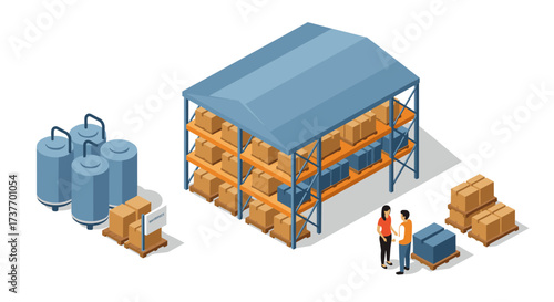 Warehouse storage facility with customers and goods in isometric style