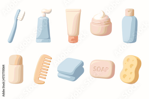 A set of colorful icons representing personal hygiene and care items.