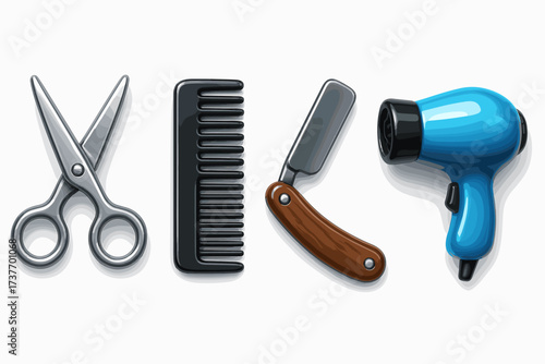 four 3d icons of barber tools: a pair of scissors, a comb, a straight razor, and a hairdryer.