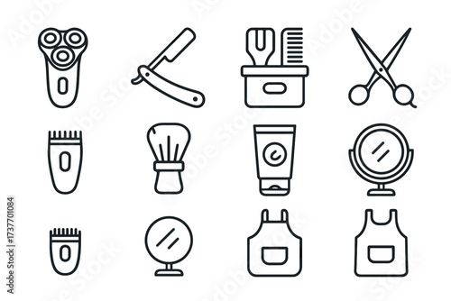 A set of outline icons representing tools and equipment for a hair salon or barbershop.