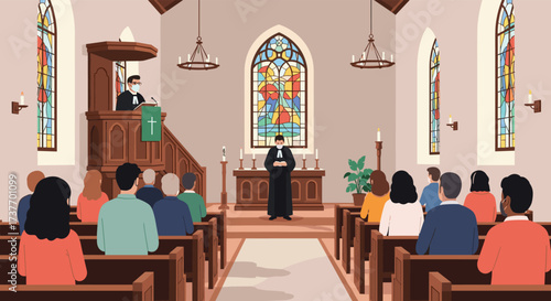 A church congregation gathers for a service with the pastor leading from the pulpit in front of stained glass windows.