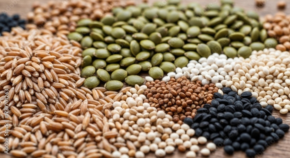 Obraz premium Assorted grains and seeds in a heap, light brown background