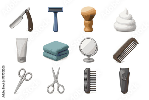 A set of 3D icons representing hair and face care tools and products typically found in a hair salon or barbershop.