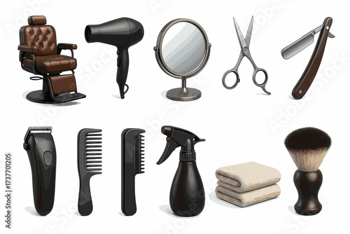 A set of 3D icons representing hair and face care tools and products typically found in a hair salon or barbershop.