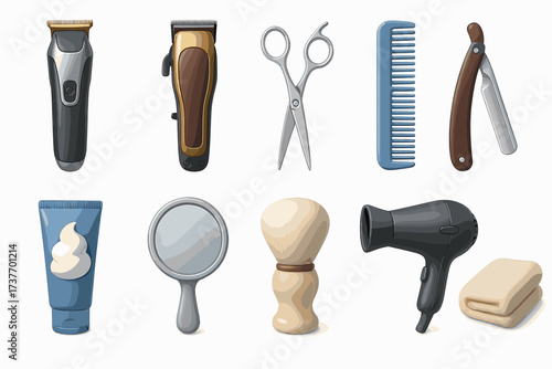 A set of 3D icons representing hair and face care tools and products typically found in a hair salon or barbershop.