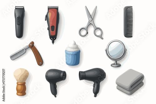 A set of colorful 3D icons representing tools and equipment for a hair salon or barbershop. Can be used for designs related to hair and facial care.
