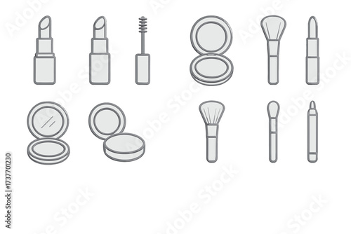 A set of simple black and white outline icons representing various cosmetics and makeup tools. 