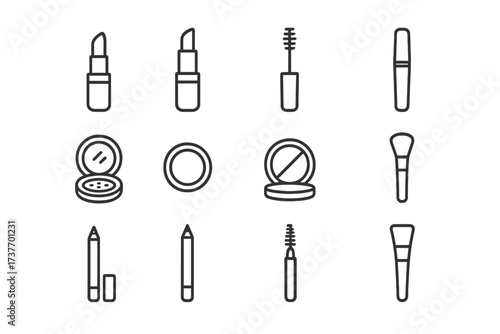 A set of simple black and white outline icons representing various cosmetics and makeup tools. 