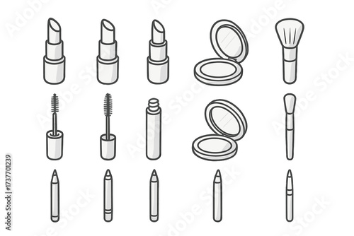 A set of simple black and white outline icons representing various cosmetics and makeup tools. 