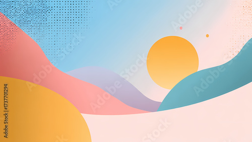 Abstract Background Design with Smooth Wavy Hills and a Large Setting Sun in Pastel and Earthy Tones