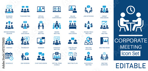 Corporate Meeting solid icon set. Contains symbols for Virtual Meeting, Webinar, Board Meeting, and Strategy Meeting. Flat vector design for corporate presentations and team collaboration.