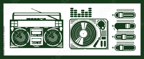 Set of flat illustrations of musical instruments, headphones, microphones, tape recorder, gramophone and radio in cartoon, hand-drawn style