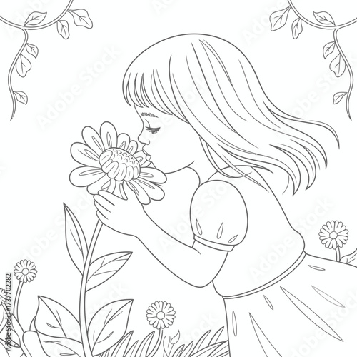 Scalable vector illustration of a young girl smelling a flower for general use silhouette