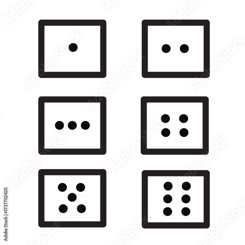 Vector illustration of a collection of cube-shaped game dice icons with black lines. Monochrome colors, casino dice, gambling, one to six, games, monopoly, children.