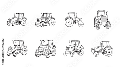 Collection of hand-drawn tractors agricultural machinery farm equipment icons set vector