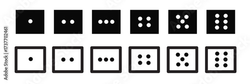 Vector illustration of a collection of cube-shaped game dice icons with black and white lines. Monochrome colors, casino dice, gambling, one to six, games, monopoly, children.