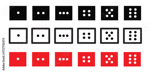 Vector illustration of a collection of cube-shaped game dice icons with black, white, and red lines. Monochrome colors, casino dice, gambling, one to six, games, monopoly, children.
