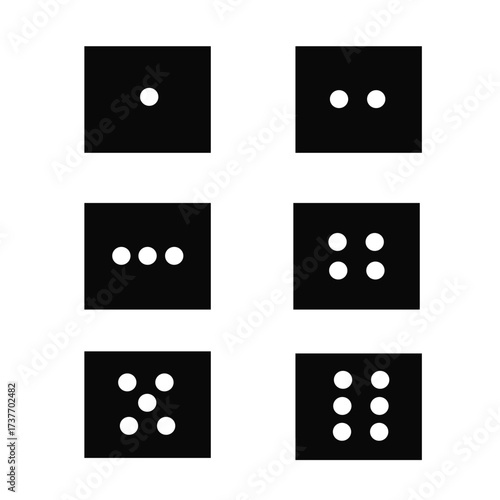Vector illustration collection of black cube game dice icons with white dots. Monochrome colors, casino dice, gambling, one to six, games, monopoly, children.