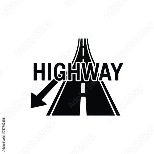 Minimalist highway icon with directional arrow and road perspective for travel and navigation isolated on white background