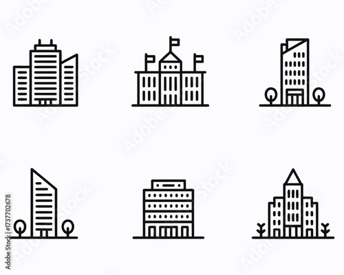 Architectural Icons Displaying Buildings such as Skyscrapers and Governmental Buildings Featuring Simple Black and White Designs that Emphasize Geometric Minimalism