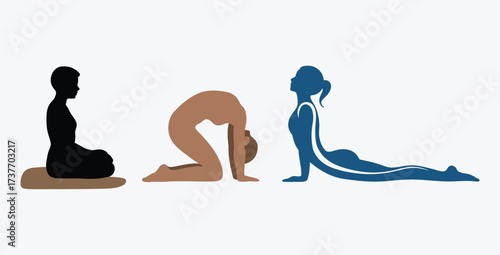 Yoga poses and silhouettes of people practicing mindful wellness