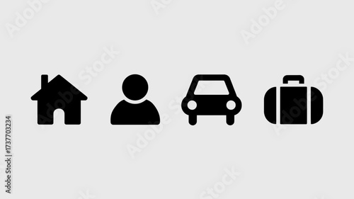 Set of basic black vector icons for house person car and luggage scalable eps illustration silhouette