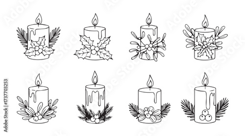 Set of eight hand drawn christmas candles with pine branches festive holiday sketch elements vector