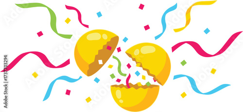 Bright surprise egg bursts open with colorful confetti and streamers, celebrating joy and excitement.