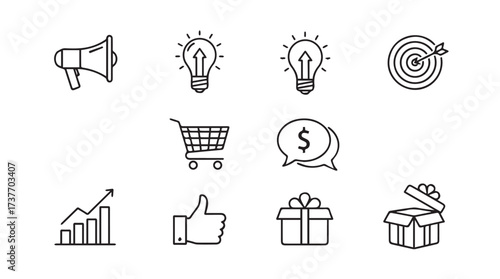 Set of hand drawn business icons symbolizing marketing growth ideas shopping finance and success vector