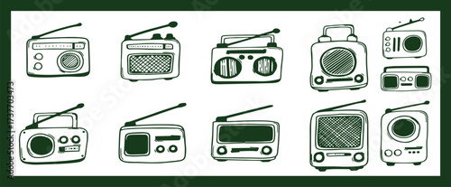 Set of flat illustrations of musical instruments, headphones, microphones, tape recorder, gramophone and radio in cartoon, hand-drawn style