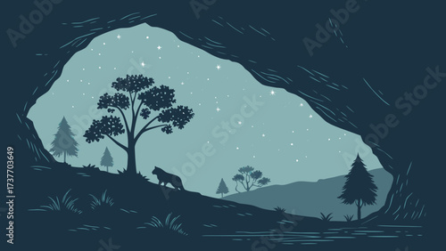 Wolf Silhouette in a Cave Entrance Overlooking a Starry Night Landscape Keywords: wolf, animal, wildlife