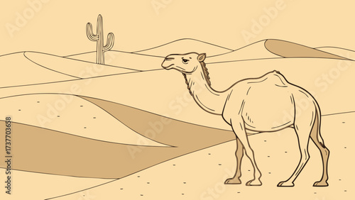 Stylized Camel Standing in a Desert Landscape with Dunes and Cactus Keywords: camel, desert, sand, dune