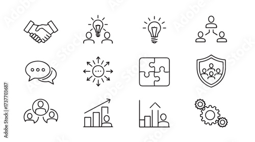 Business partnership growth idea security teamwork and collaboration hand drawn icons collection vector